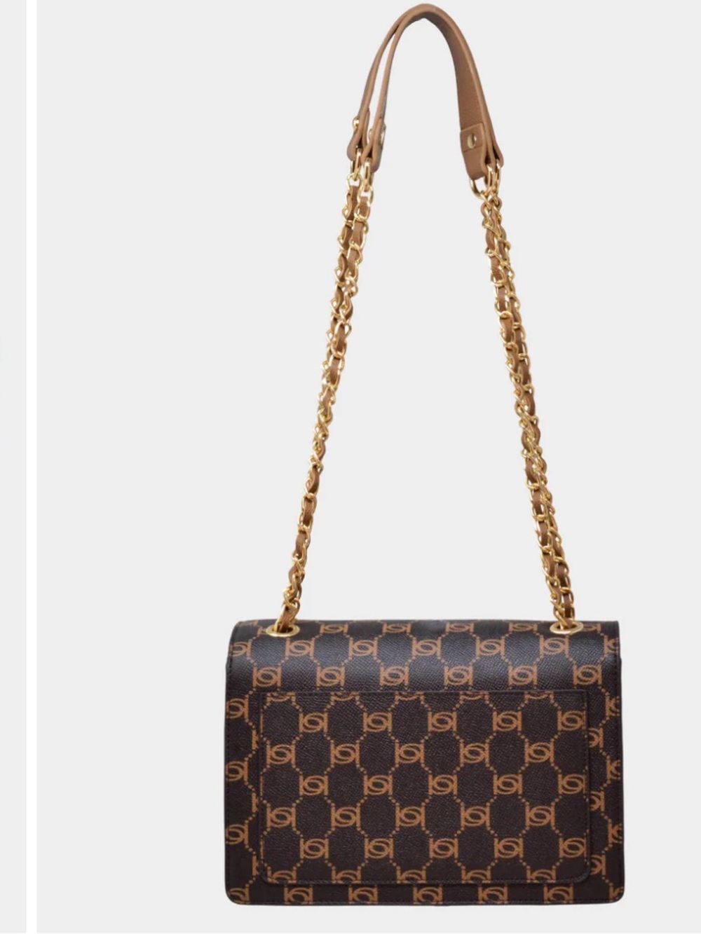 bebe Brown Monogram Shoulder Bag with Gold Chain Straps - Picture 3 of 6